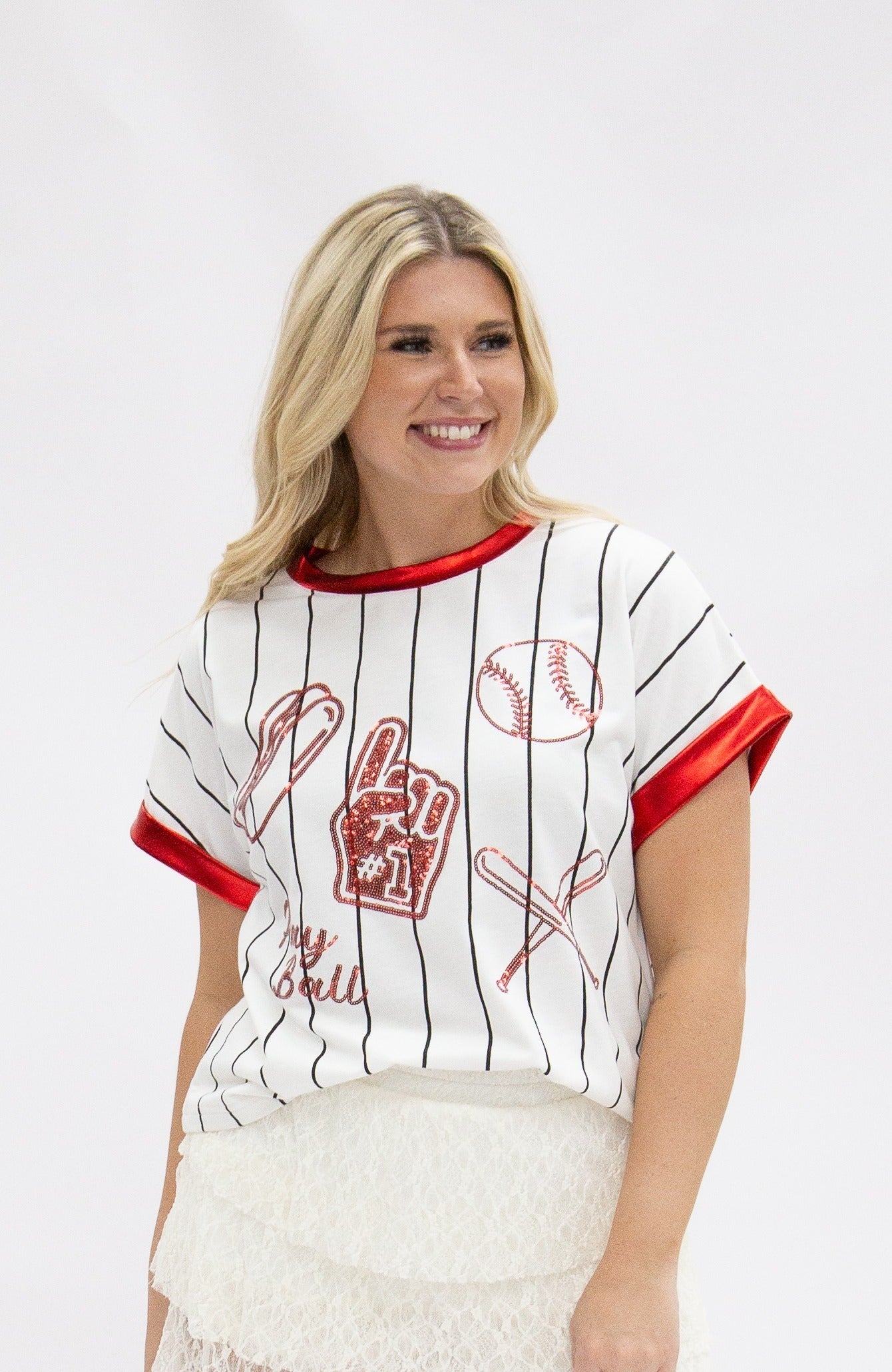 Basball Glitter Elements on White Striped Top