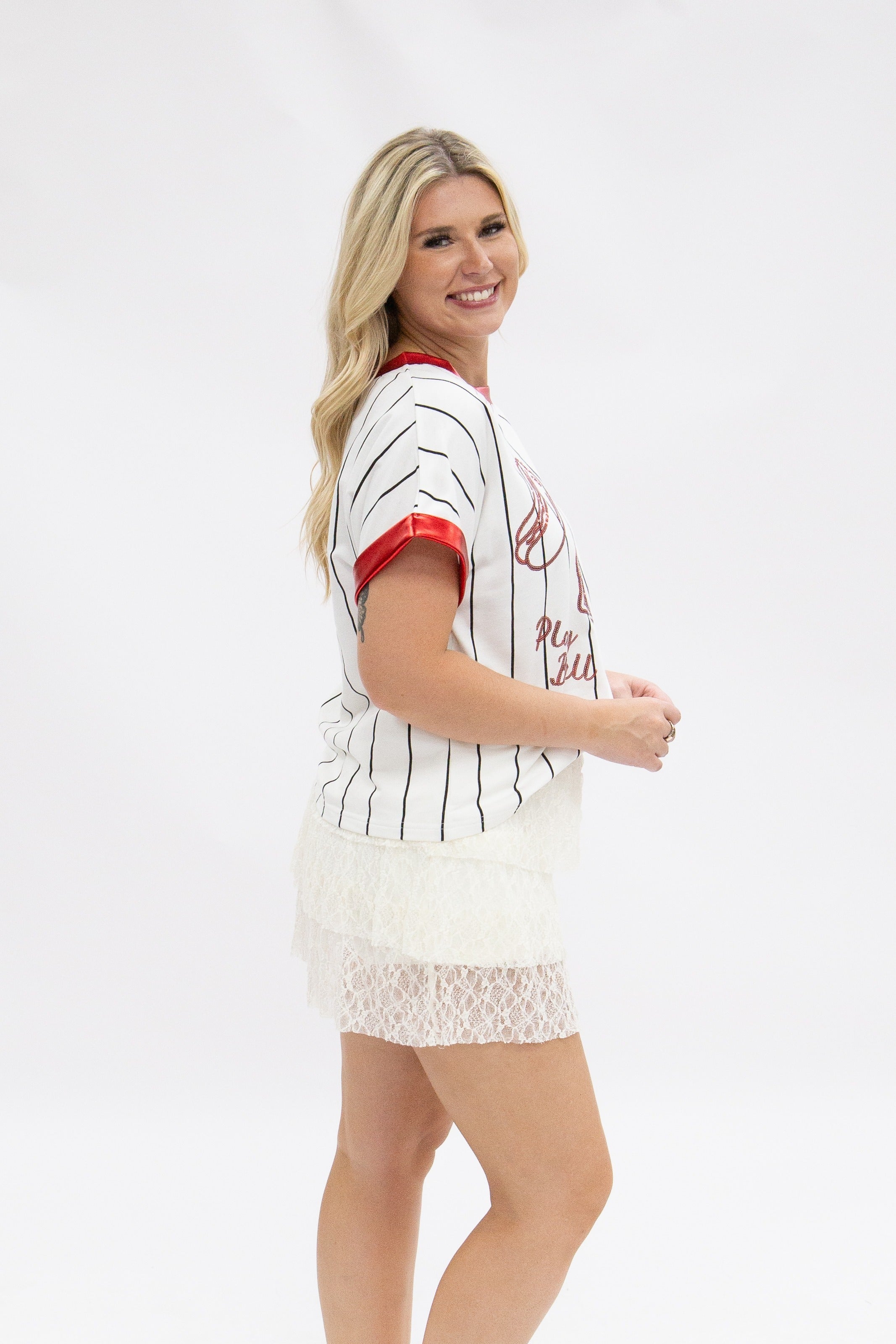 Basball Glitter Elements on White Striped Top