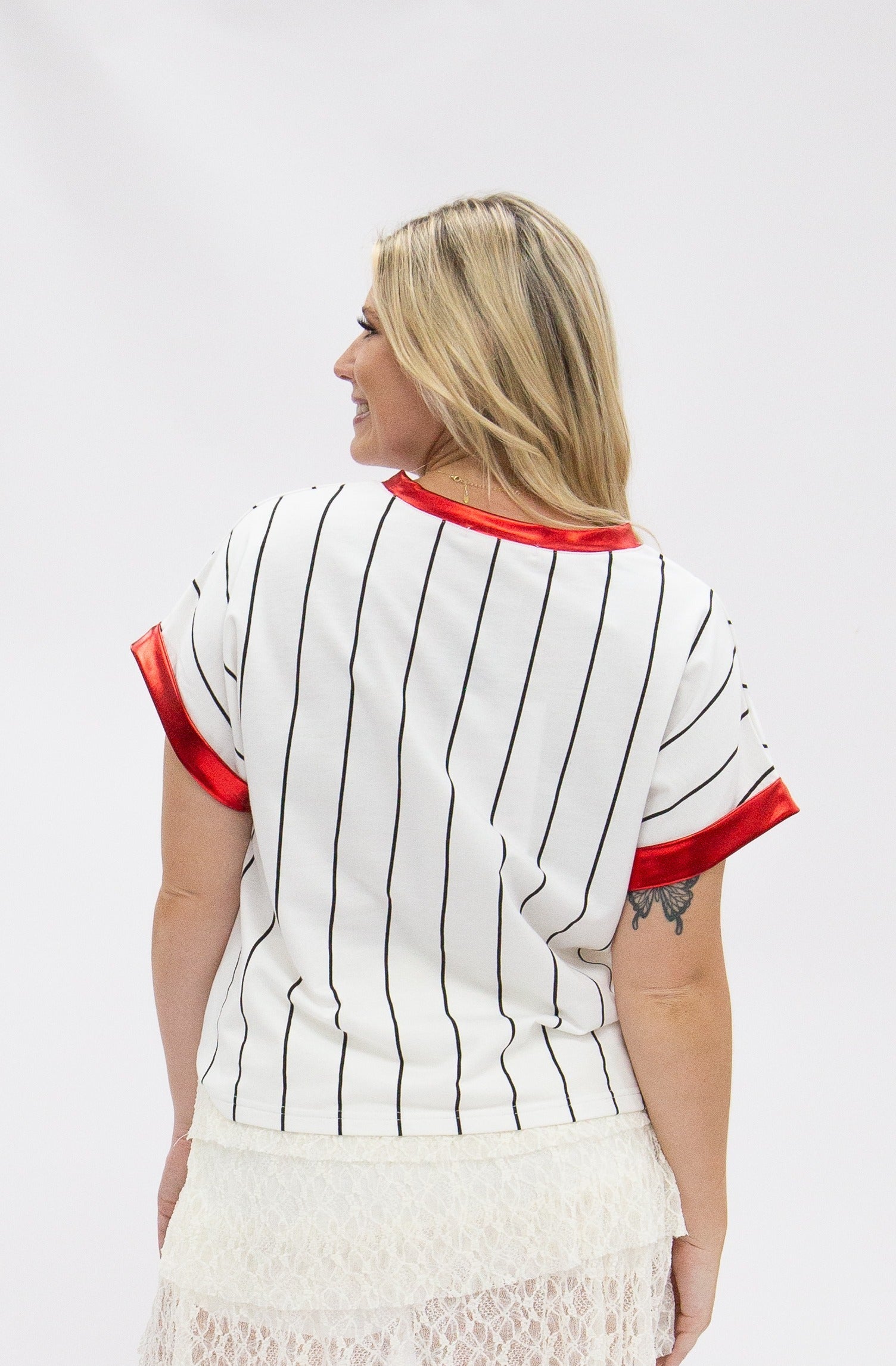 Basball Glitter Elements on White Striped Top