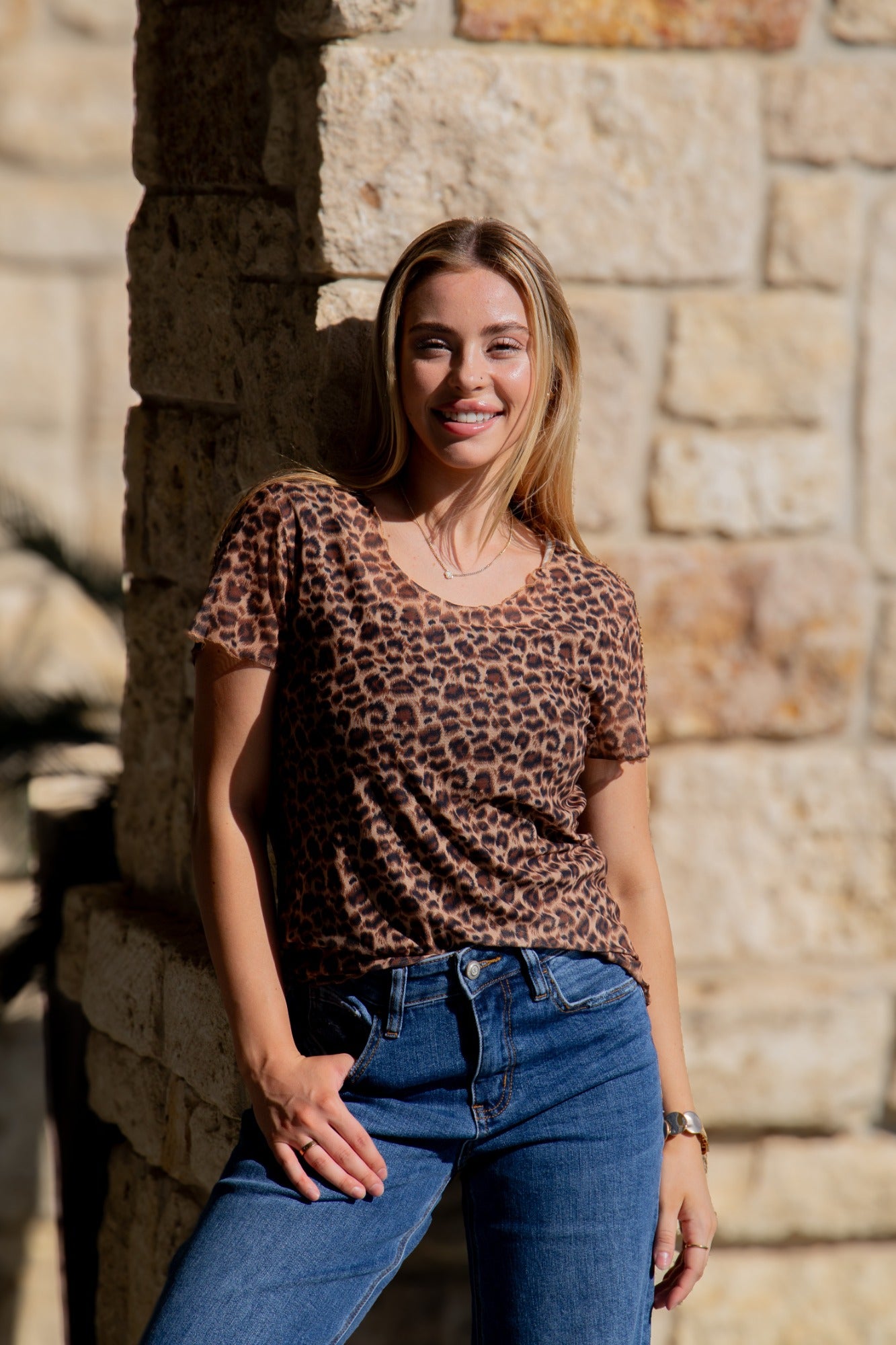 Mesh Short-Sleeve Top, Leopard