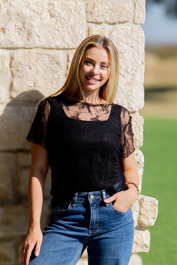 Lace Short-Sleeve Top, Black