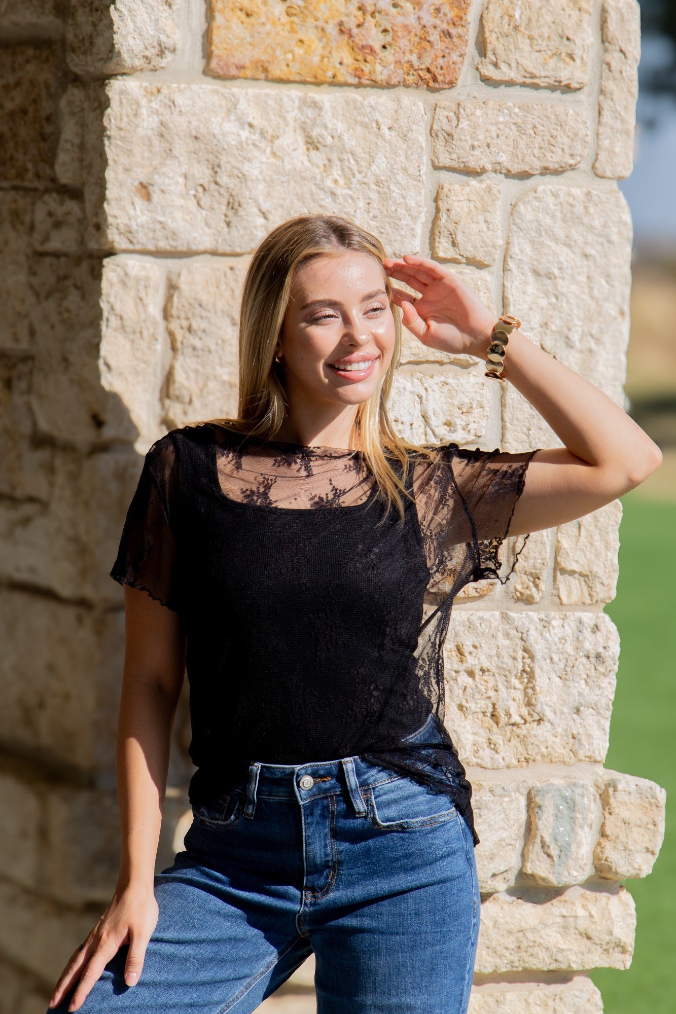 Lace Short-Sleeve Top, Black