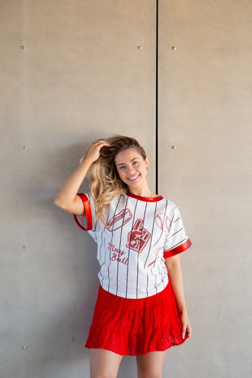 Basball Glitter Elements on White Striped Top