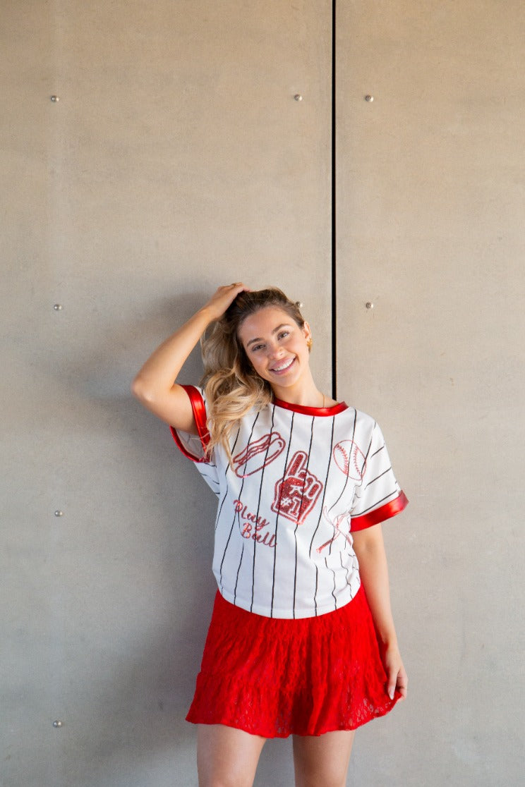 Basball Glitter Elements on White Striped Top