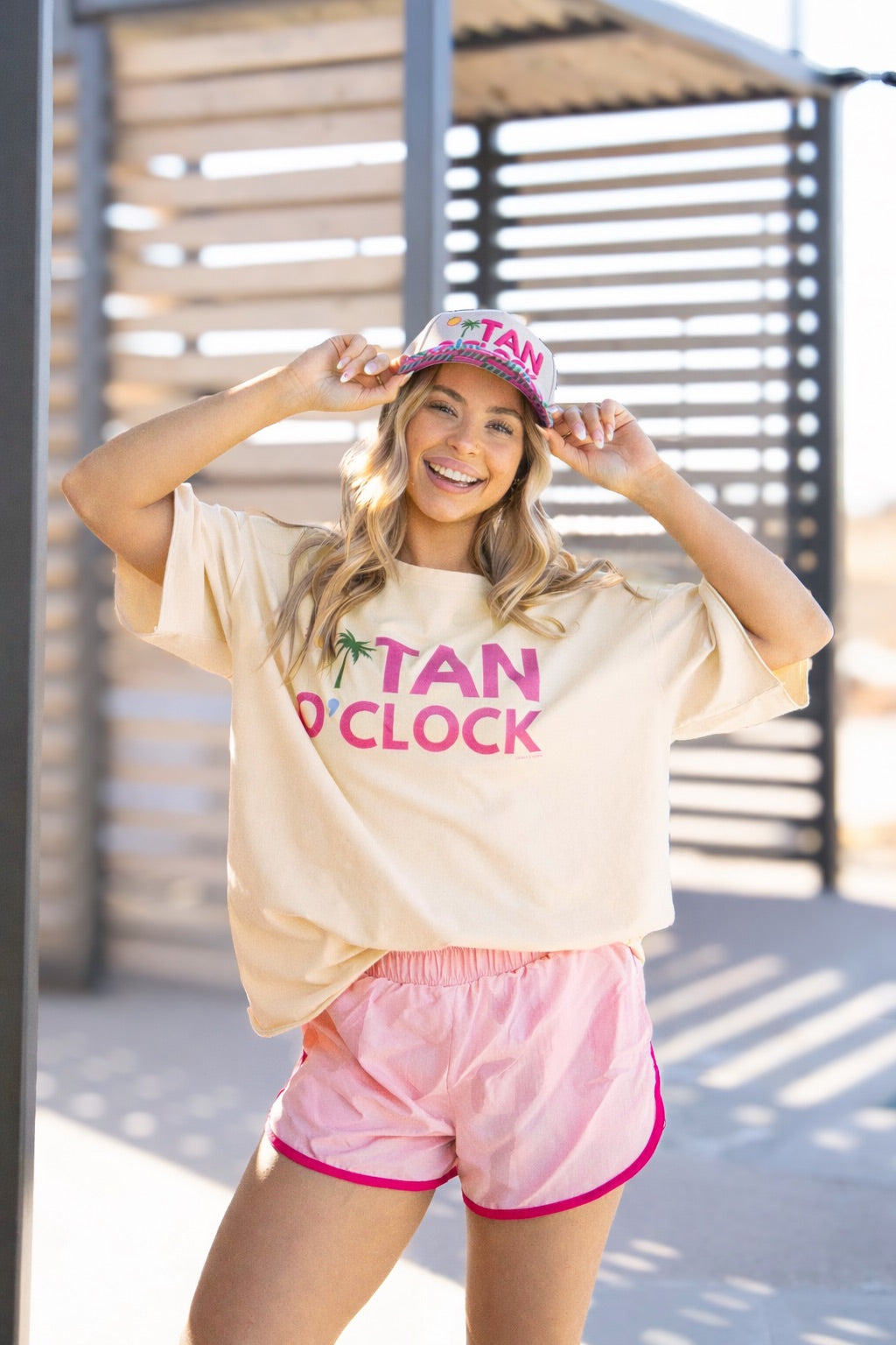 "Tan O'Clock" on Tan Cap with Patch Work