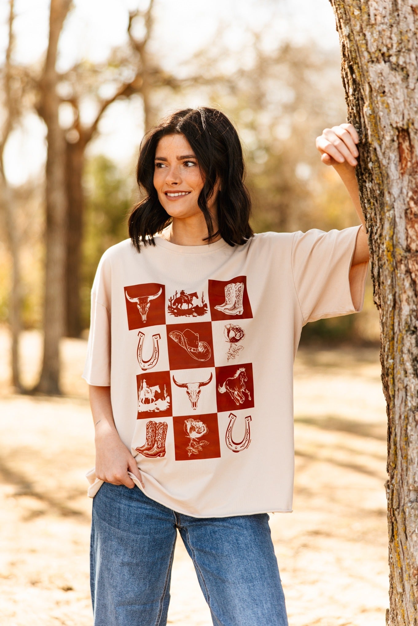 Western Checkered Elements on Beige Boxy Tee