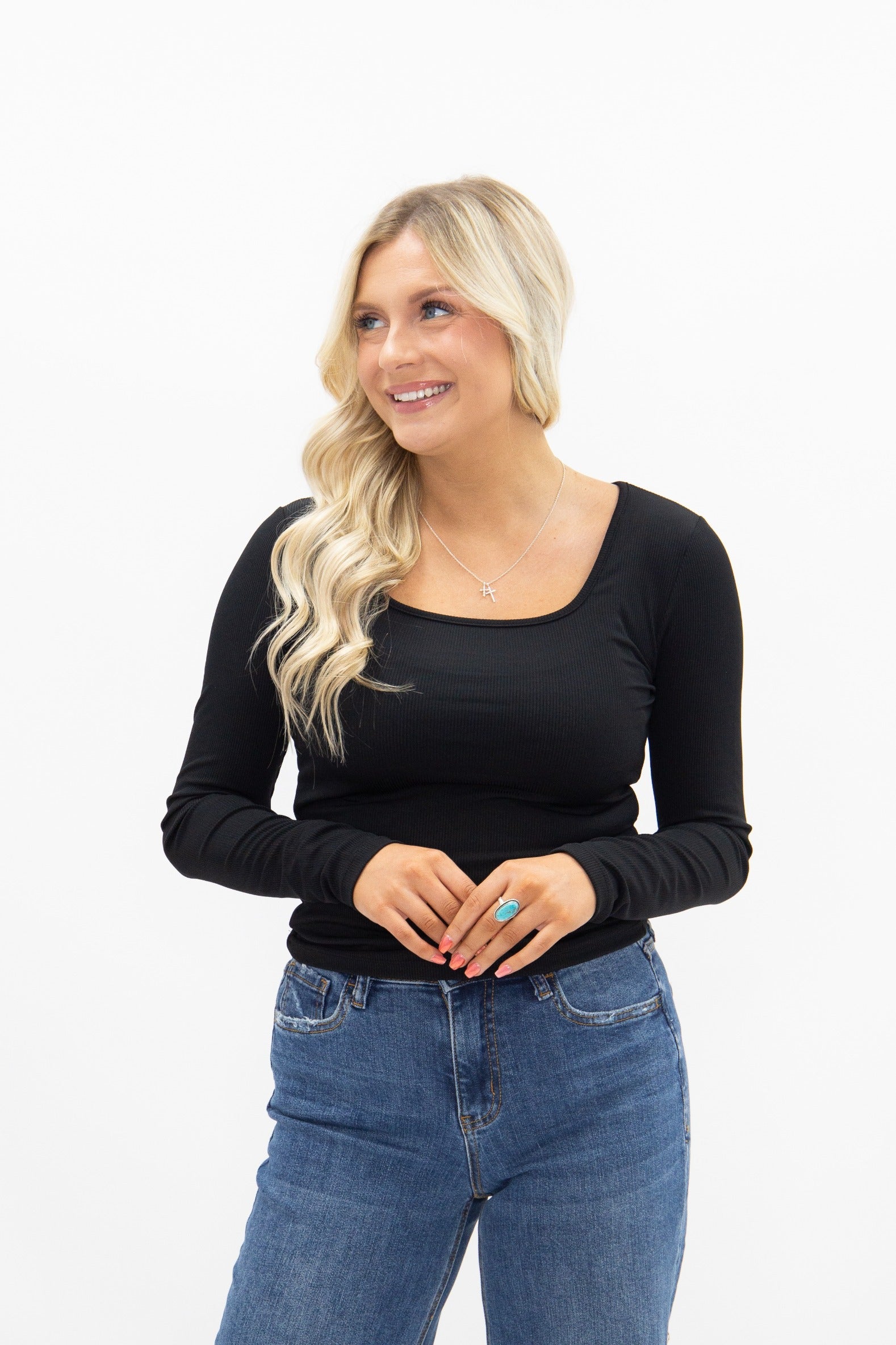 Square Neck Long Sleeve Top, Black