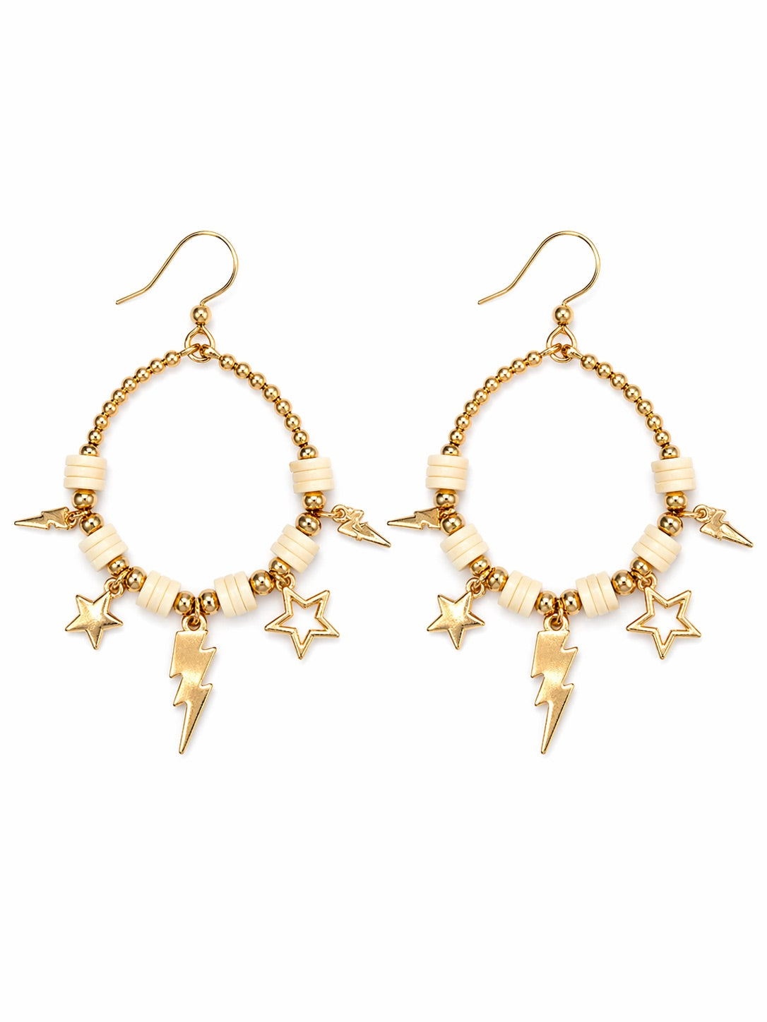 Shoot For The Stars Thunderbolt And Star Cream Beaded Hoop Earrings