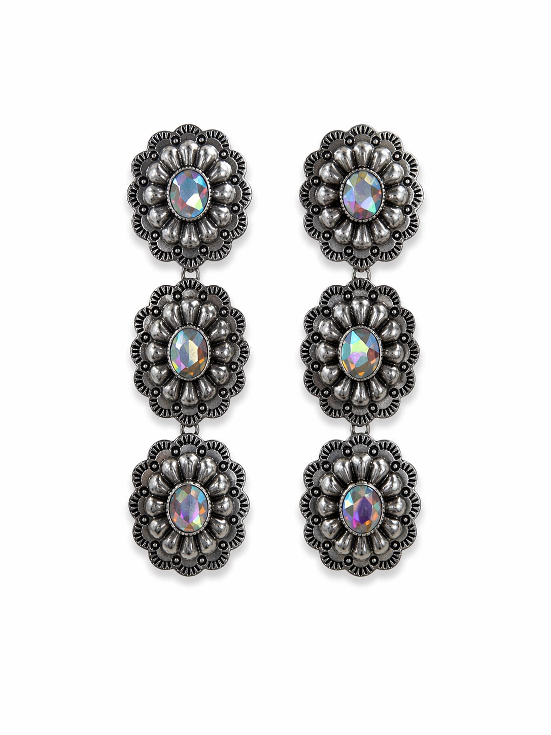 Triple Threat AB Crystal Drop Earrings, Silver