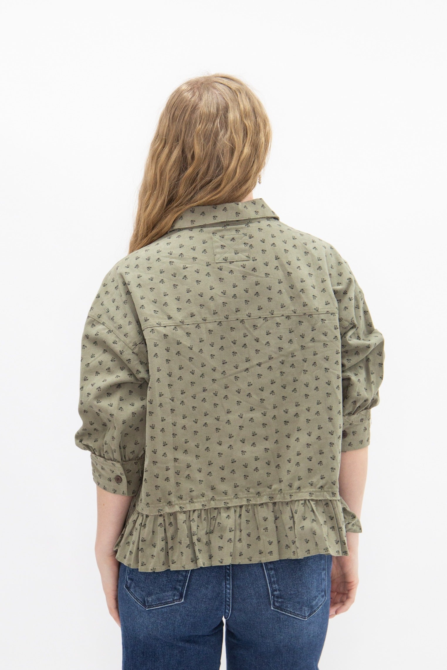 Green Floral Print Jacket with Ruffles