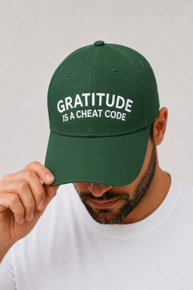 "Gratitude is a Cheat Code" on Green Cap
