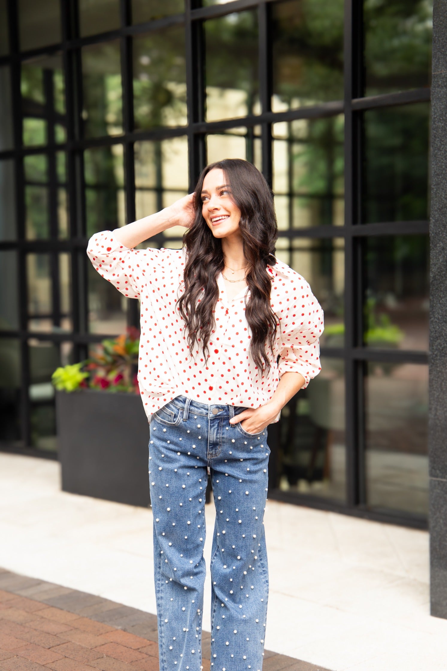 Kathryn Classic Button-Up, Red Polka-Dot