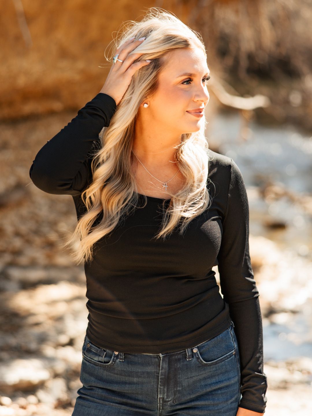 Square Neck Long Sleeve Top, Black
