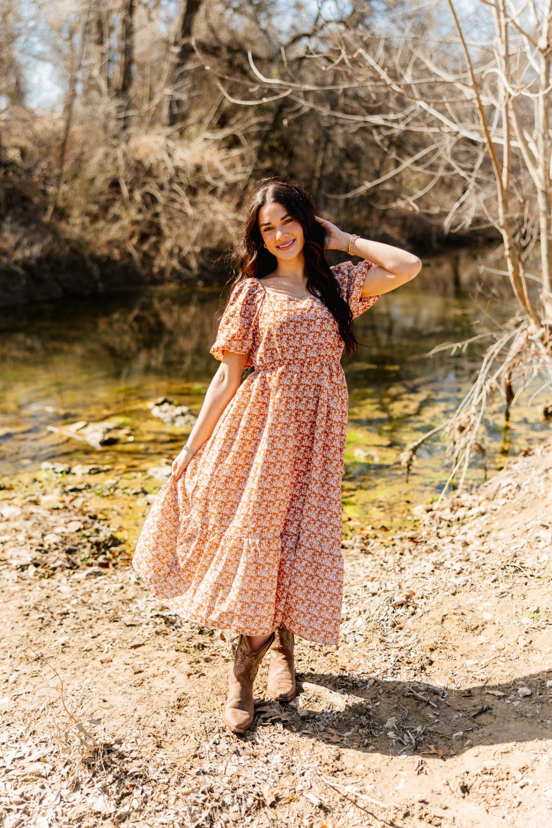 Puff Sleeve Midi Dress, Rust Floral