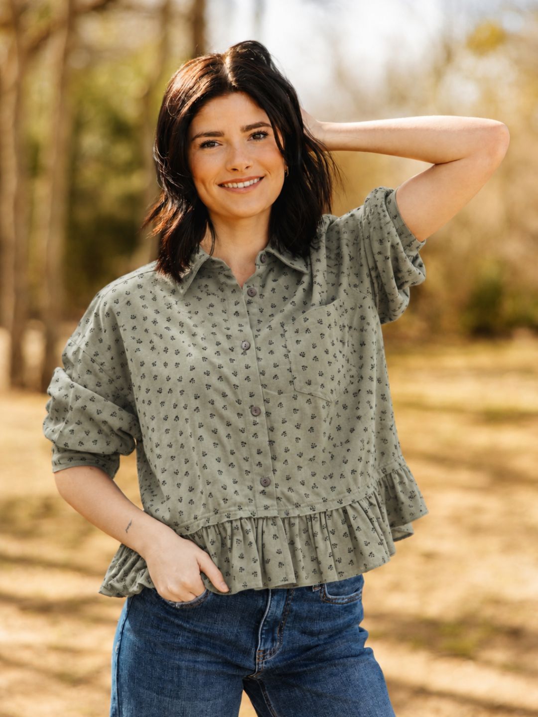 Green Floral Print Jacket with Ruffles