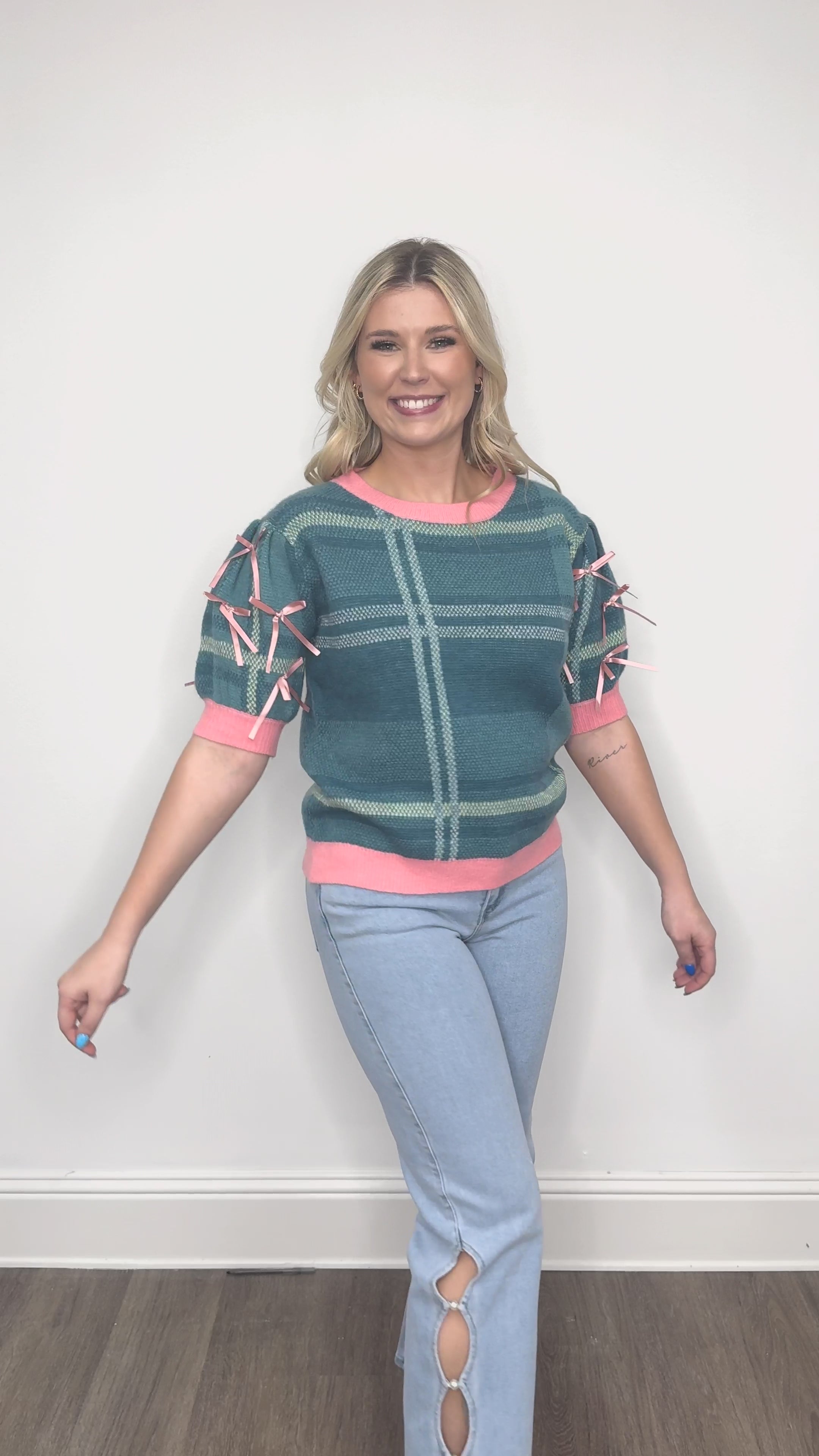 Plaid Sweater with Puff Sleeves