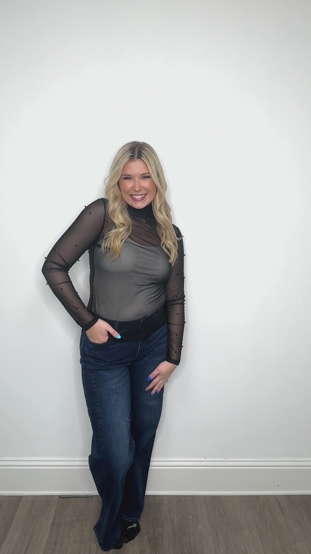 Mock Neck Mesh Top with Pearl Detail, Black