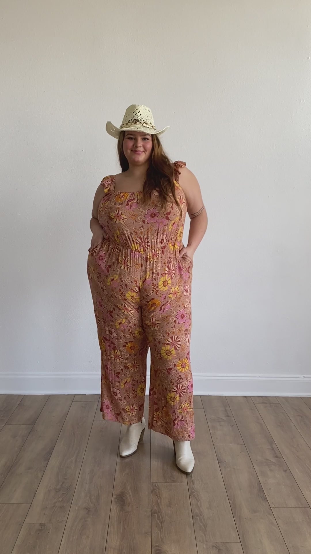 Beige Retro Floral Jumpsuit