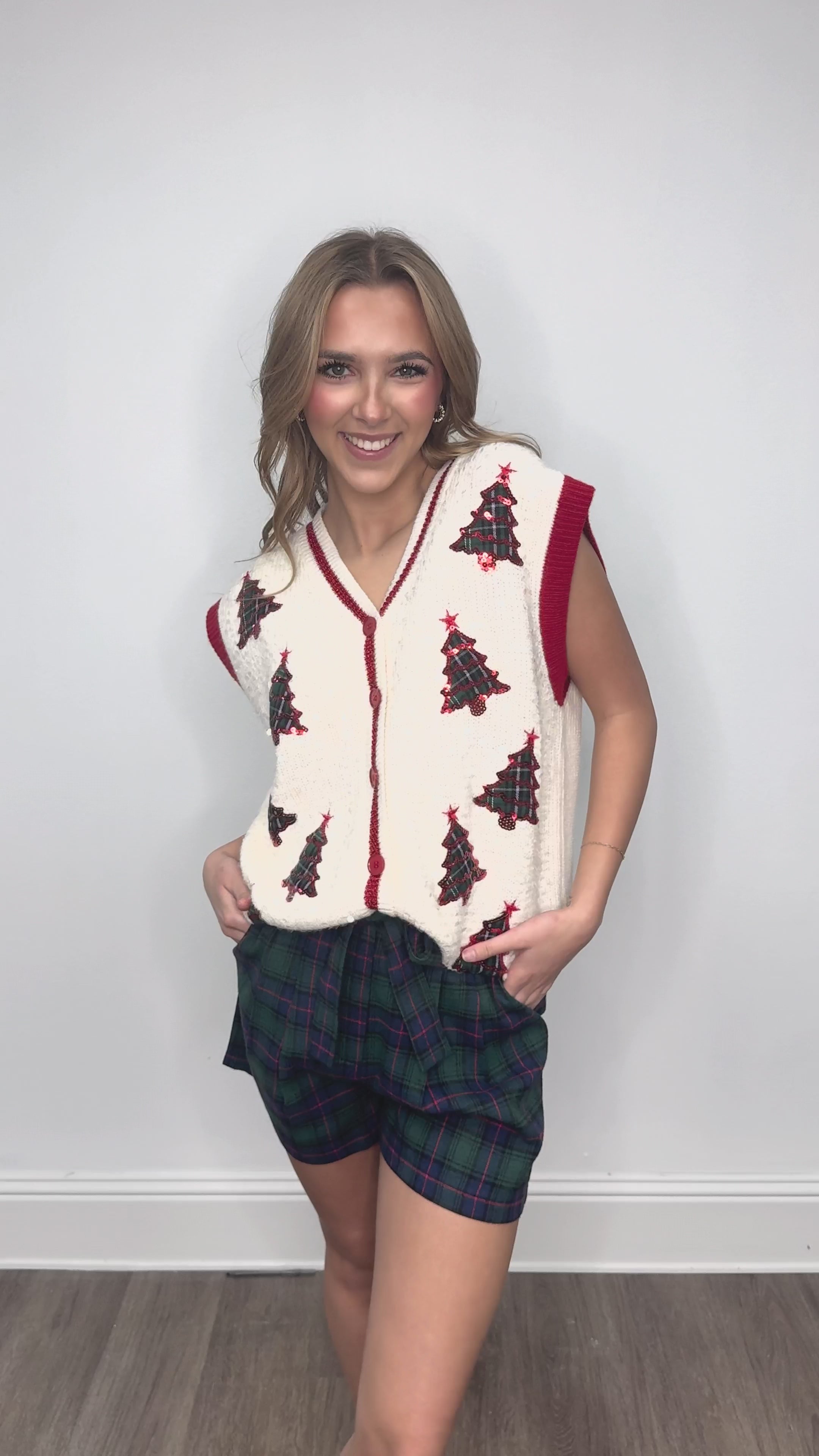 Sequin Ivory Sweater Vest with Plaid Tree Patches