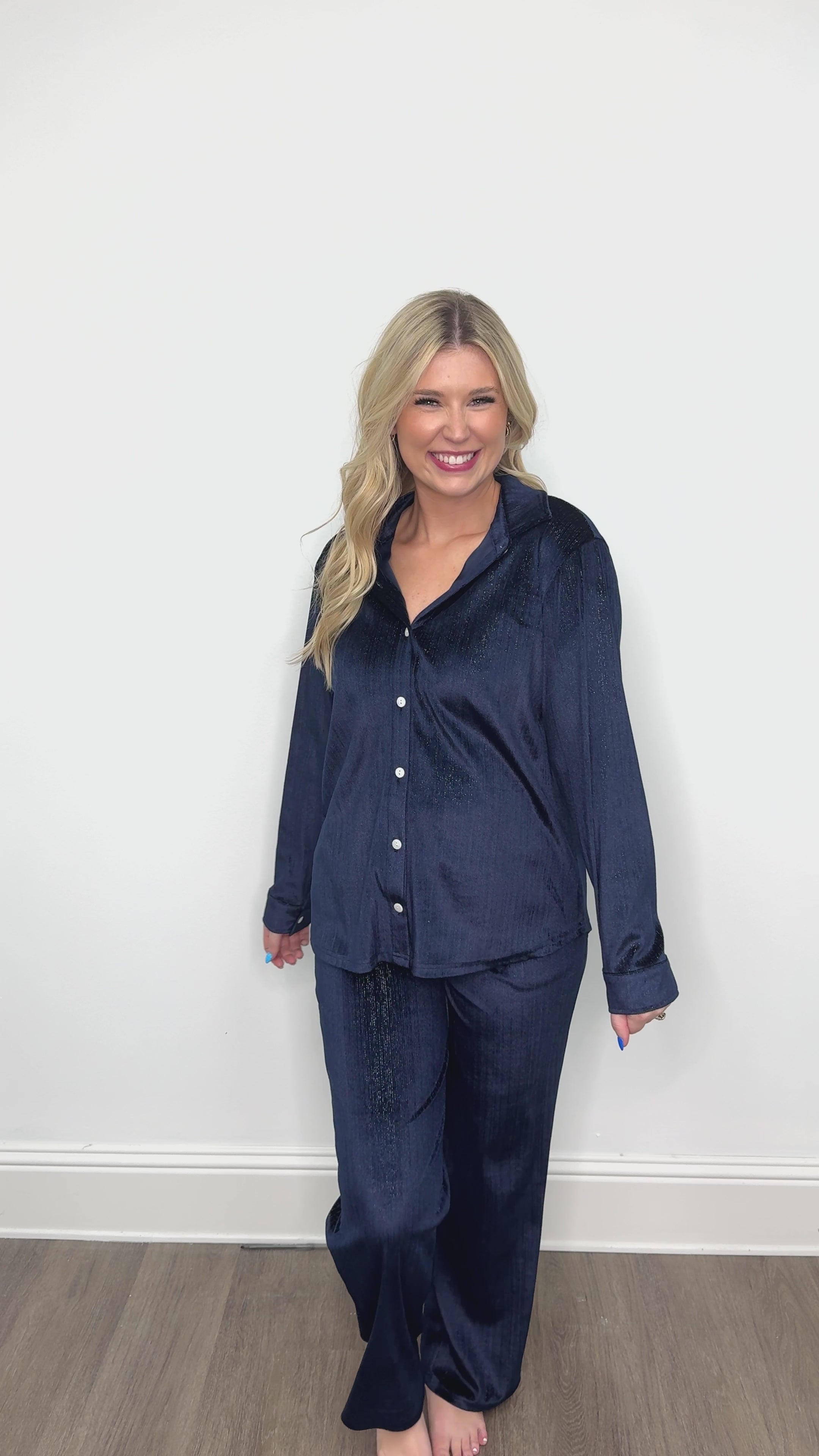 Velvet Button-Up Top, Navy