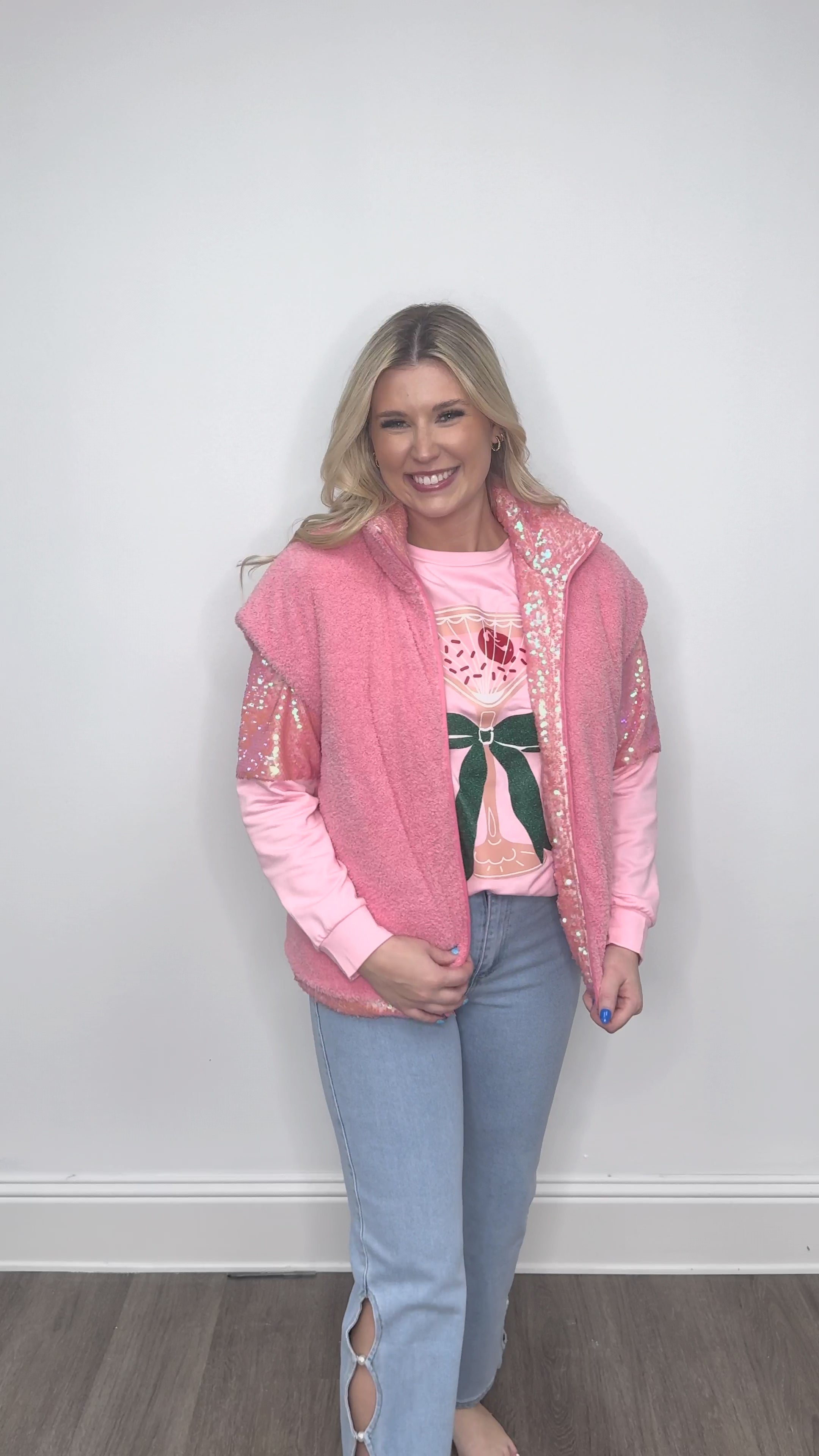 Sequin Puffer Vest, Pink