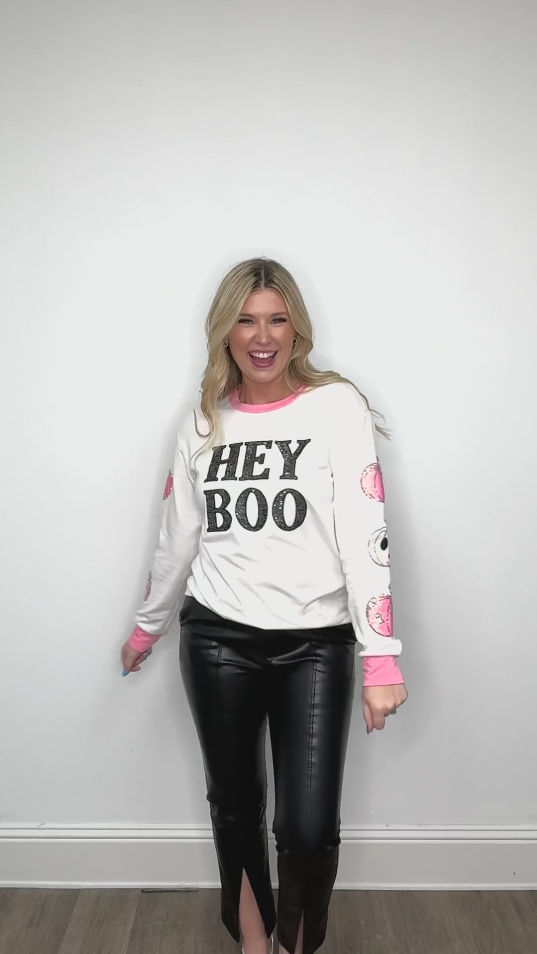 "Hey Boo" on White Long-Sleeve Top