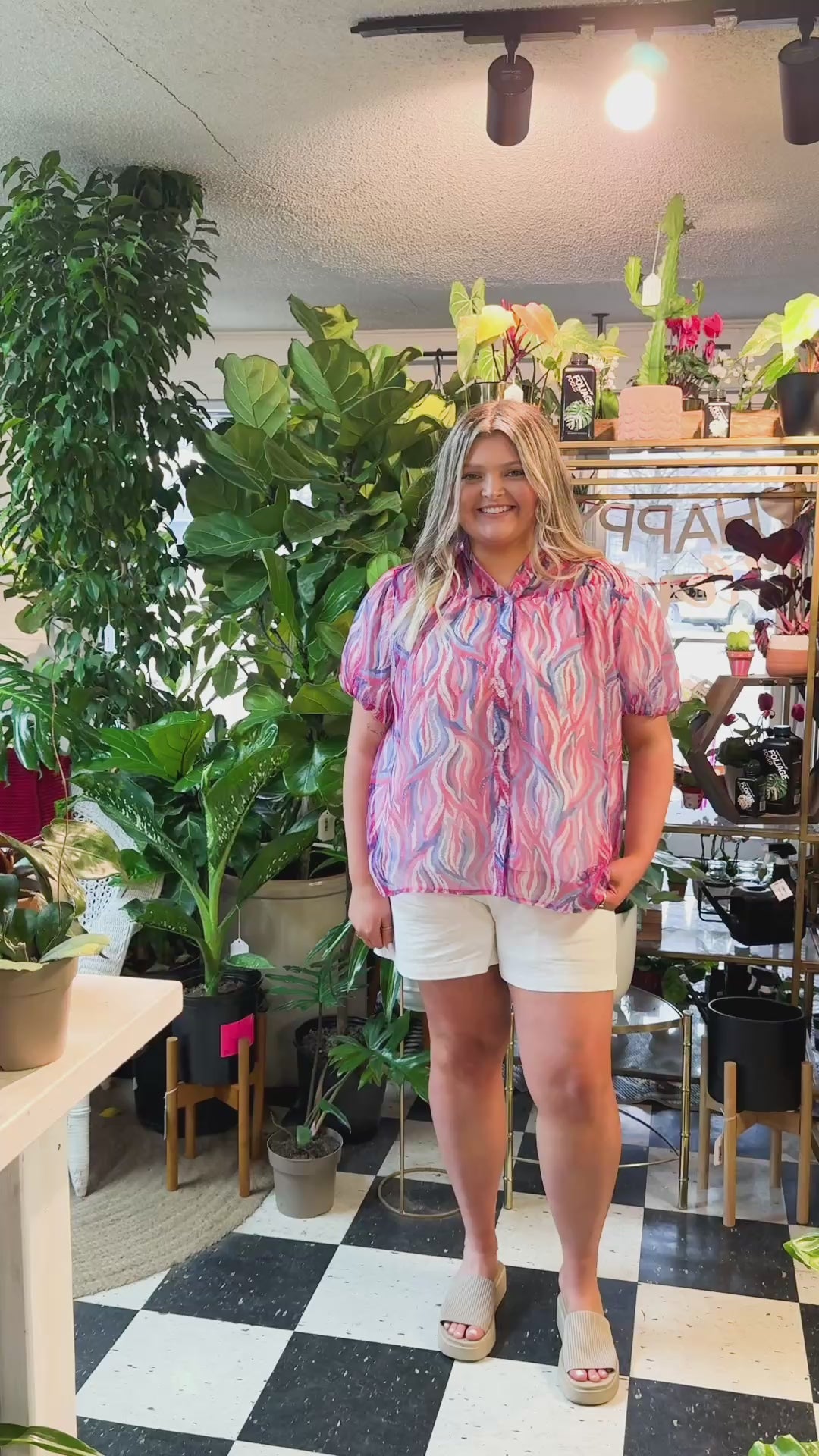 Abstract Stripe Puff Sleeve Blouse