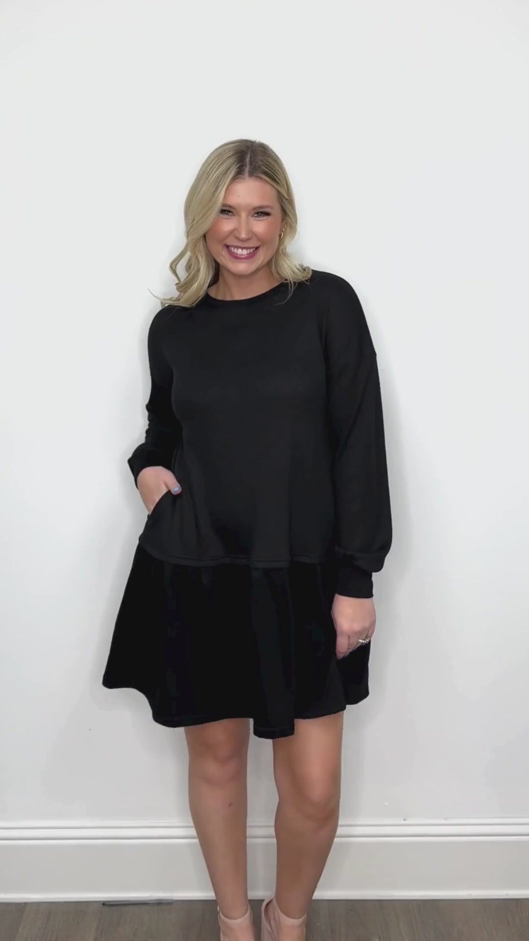 Waffle Knit Long-Sleeve Dress, Black