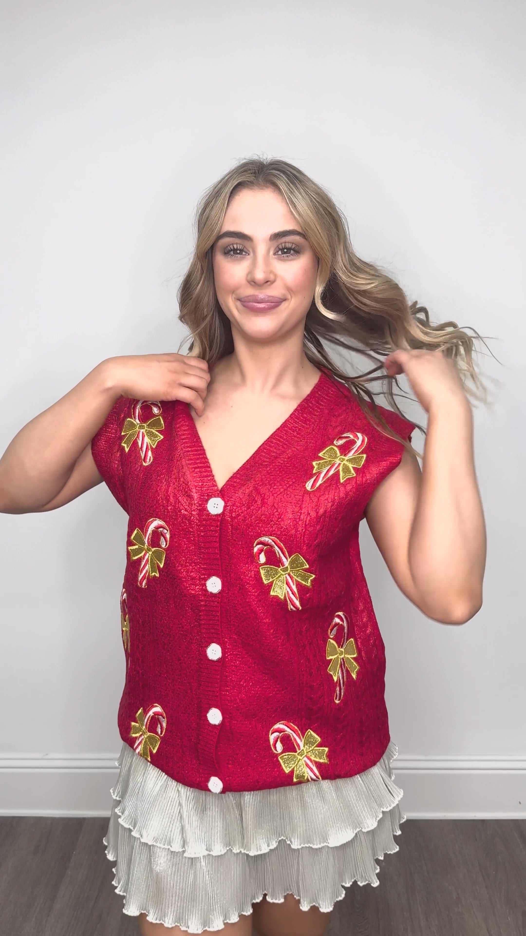 Red Shimmer Sweater Vest with Candy Cane Patches