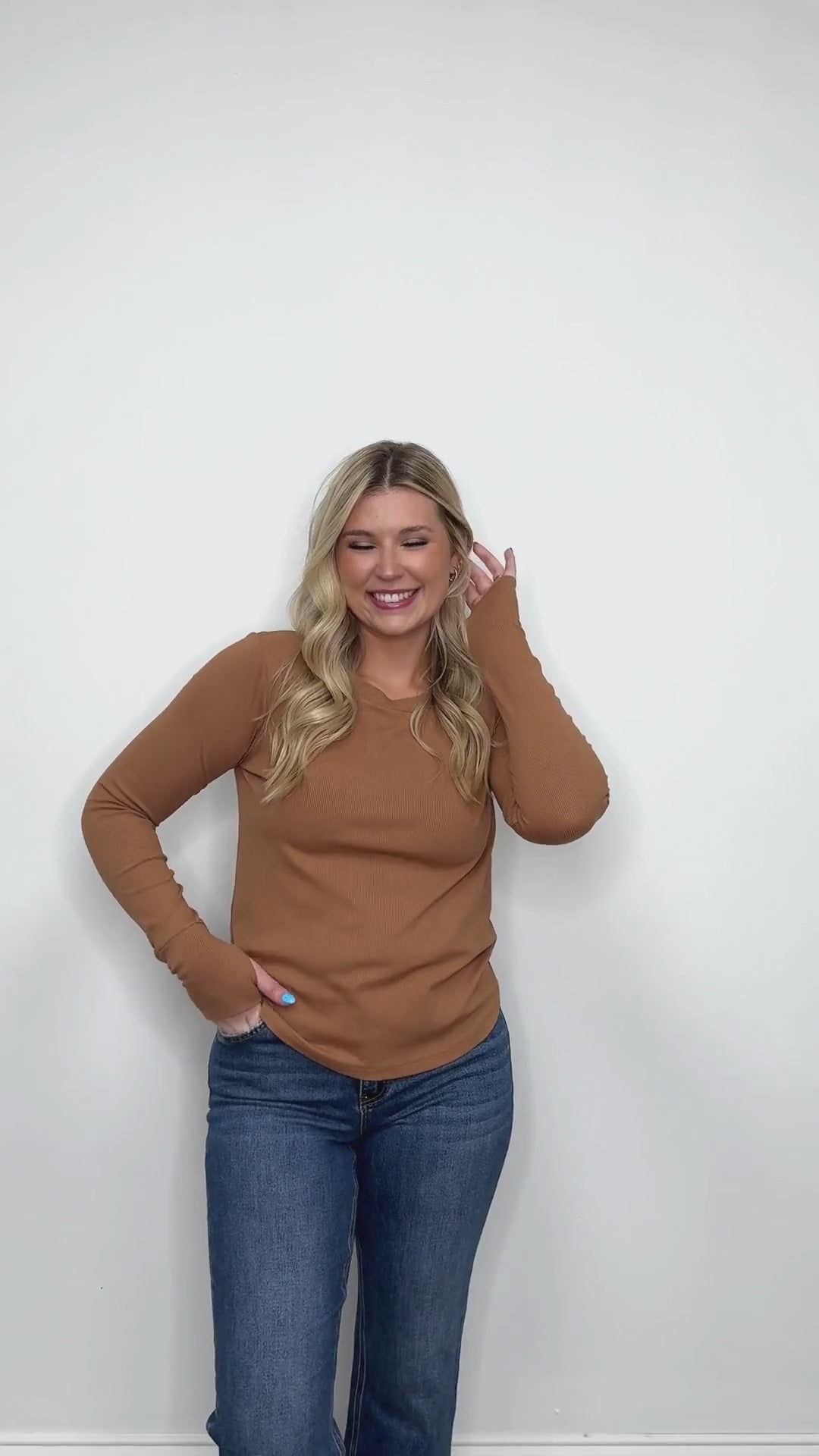 Ribbed Long-Sleeve Top, Mocha