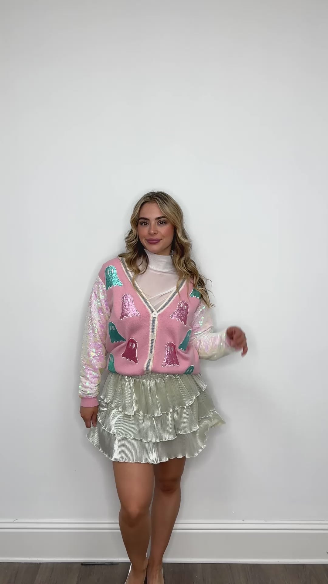 Glitter Ghosts on Pink Cardigan