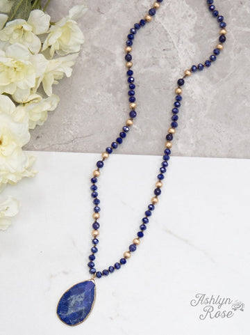 Nature's Beauty Beaded Necklace with Stone Pendant, Deep Blue
