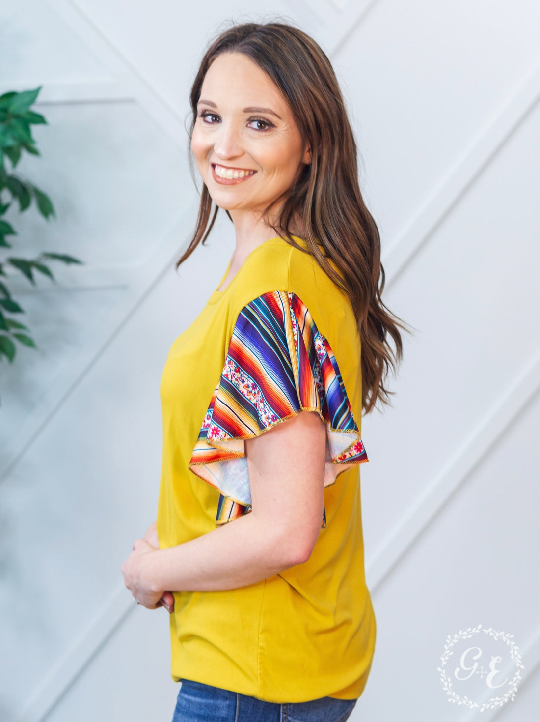 Serape Sunrise Mustard Ruffle Top