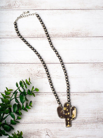 Black Cowhide Cactus Pendant Western Neckace
