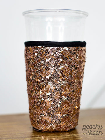 Rose Gold Sequin Sleeve Drink Holder with Black Neoprene Handle