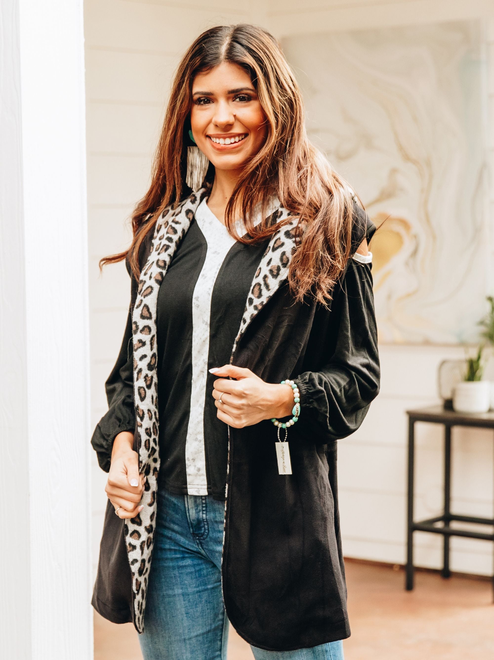 Warm and Together Black with Leopard Vest Cardigan