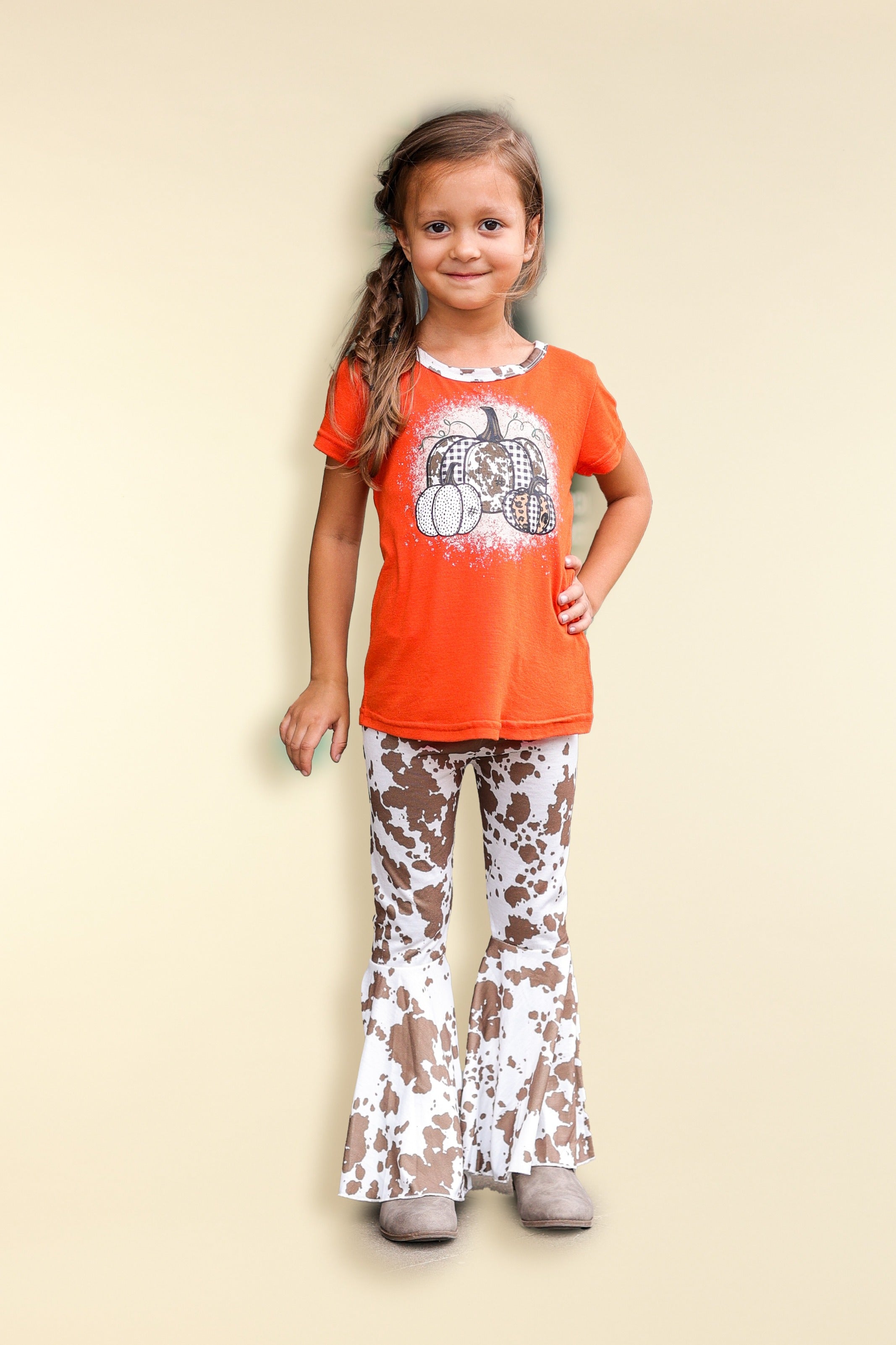 Girls' Triple Pumpkin Leopard, Cow & Orange Ringer Tee