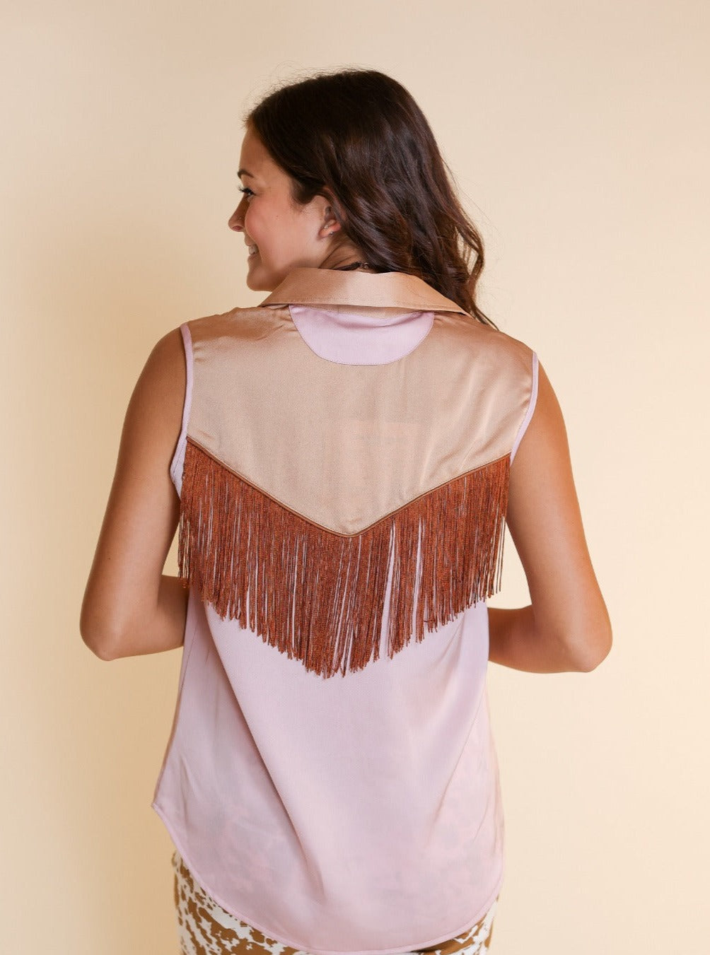 Sleeveless Satin Western Fringe Top