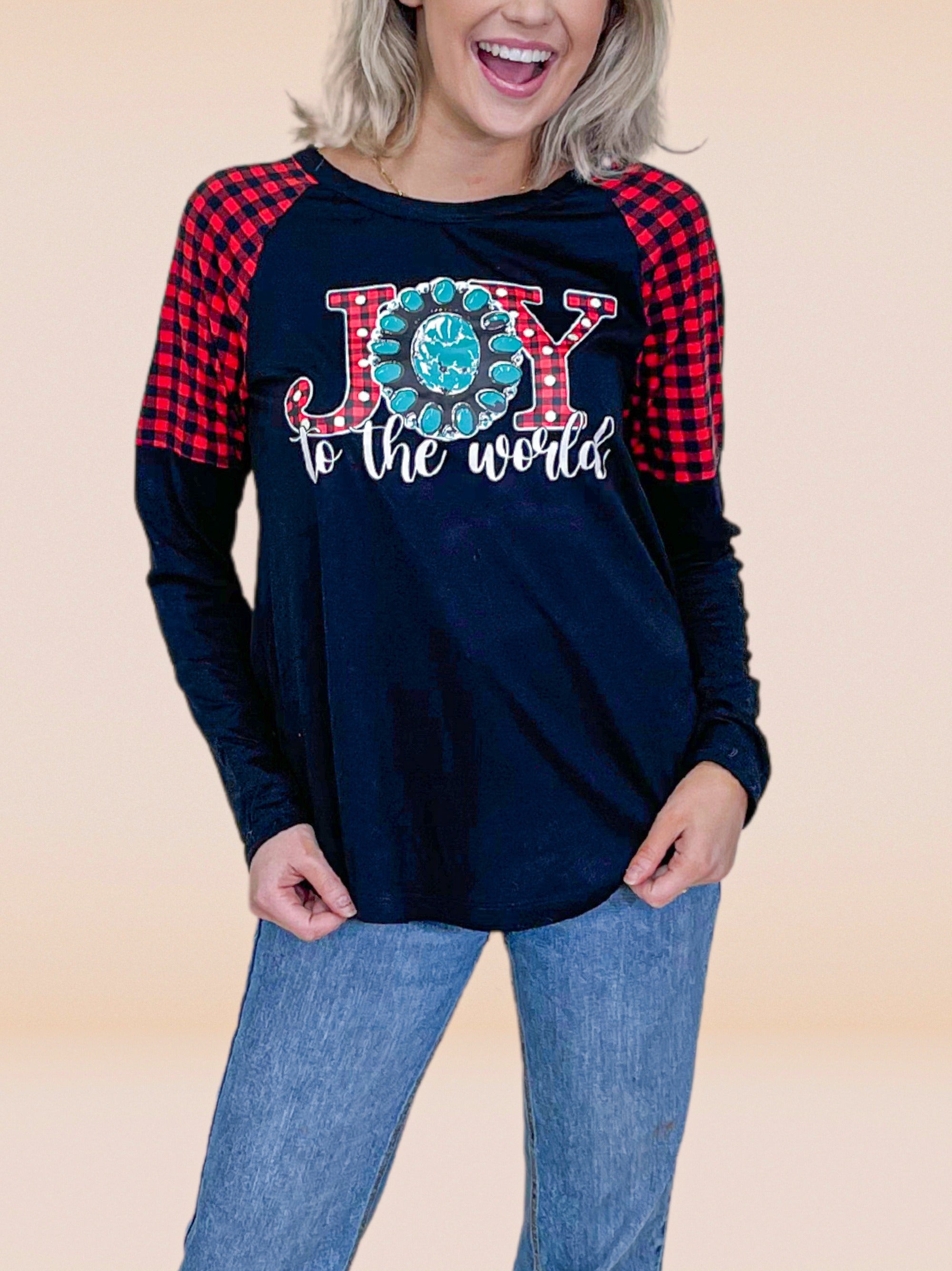 Joy to the World on Black Long Sleeve & Plaid Shoulders