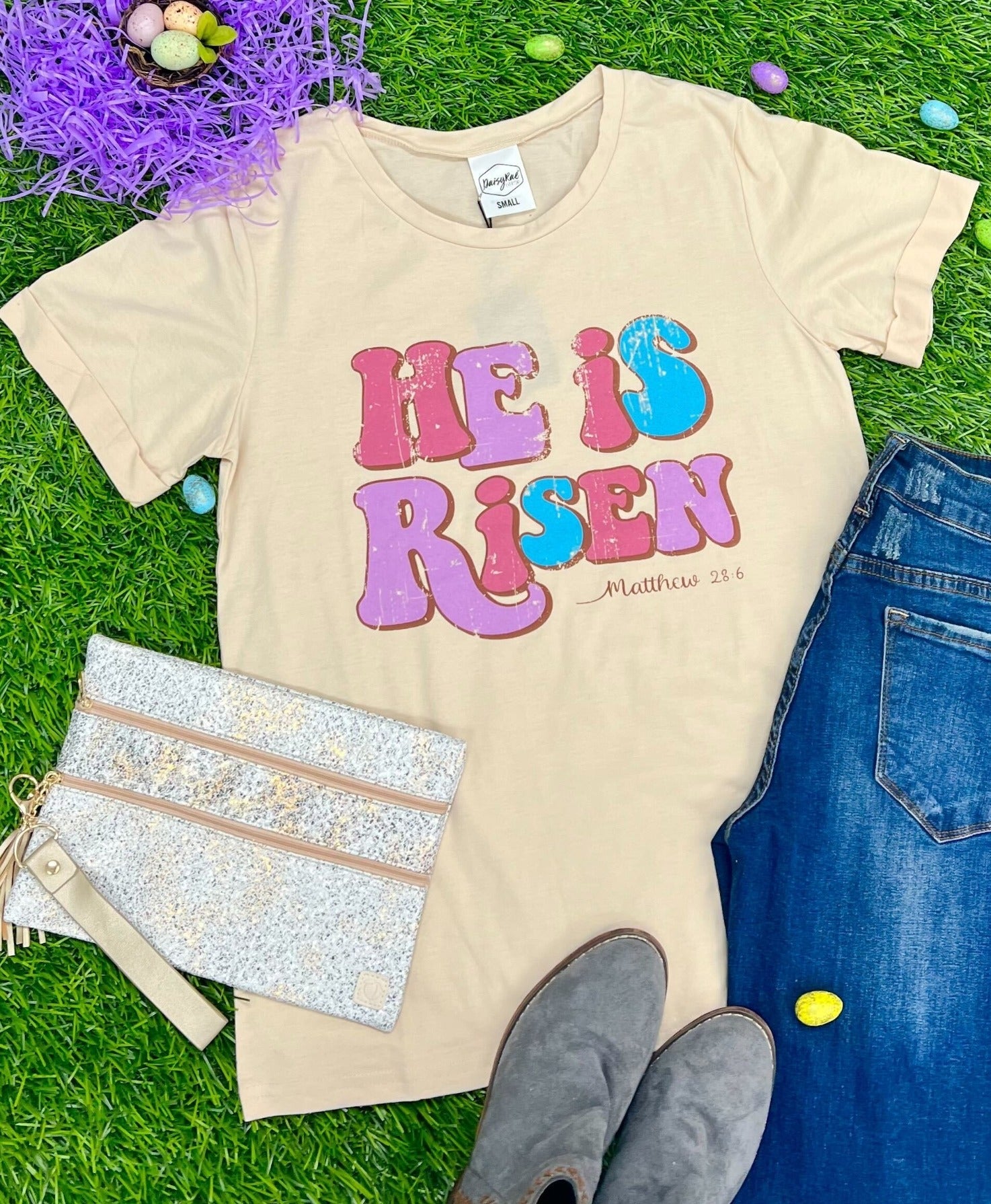 He is Risen on Classic Tiramisu-Beige Cuff Tee