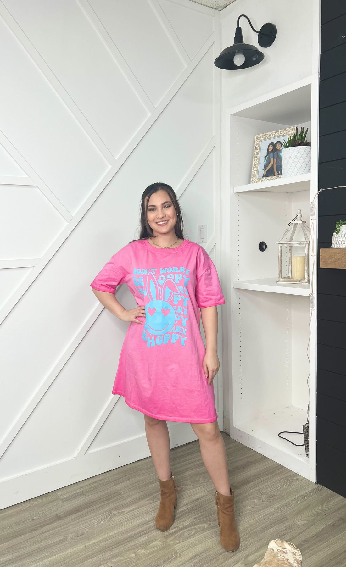 Don't Worry Be Hoppy on Pink T-Shirt Dress