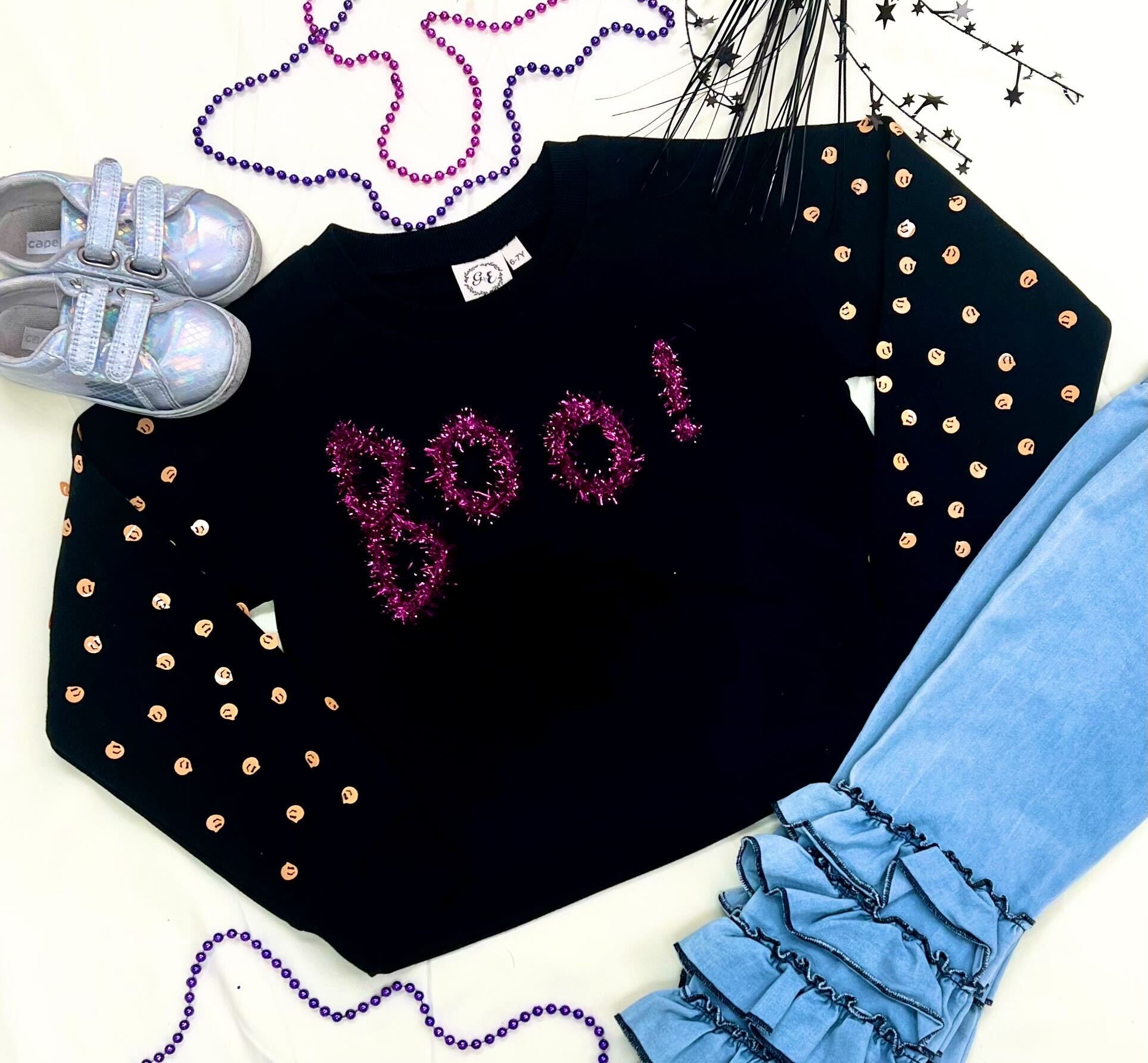 Girl's Black Boo Crewneck with Pumpkin Sequin Sleeves