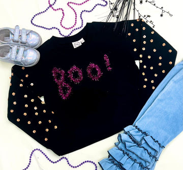 Girl's Black Boo Crewneck with Pumpkin Sequin Sleeves