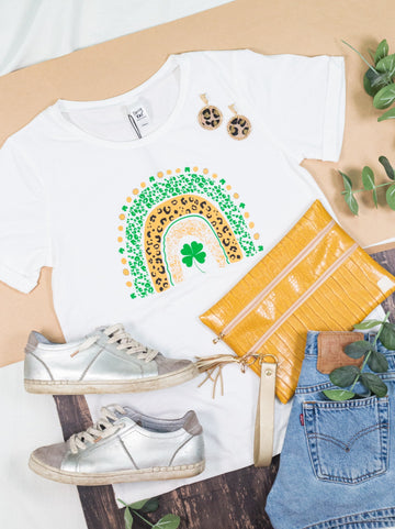 Over The Rainbow Green Clover on Vanilla Bean-White Cuff Tee